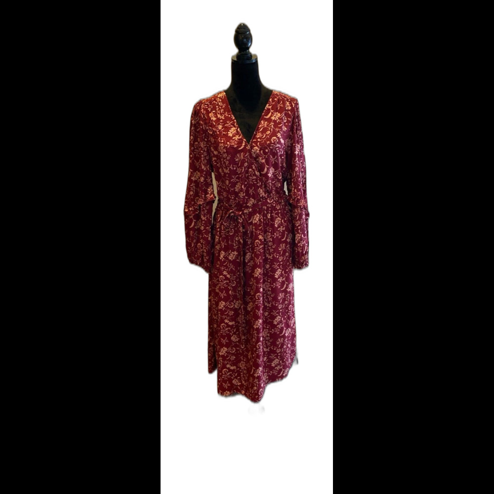 Knox Rose Sz‎ XL Dress Peasant Cottagecore Burgundy Floral Faux Wrap V Neck